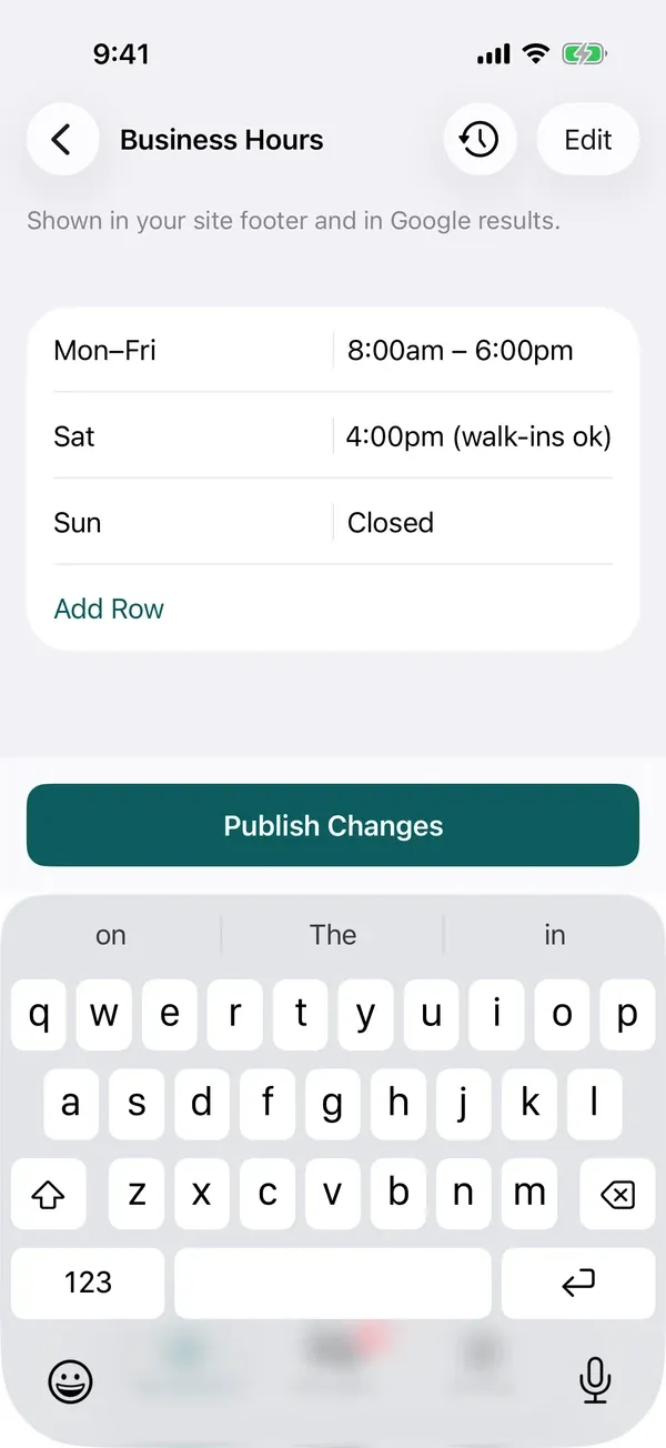 Editing Business Hours in the app: weekday rows with a keyboard open and a Publish Changes button below.