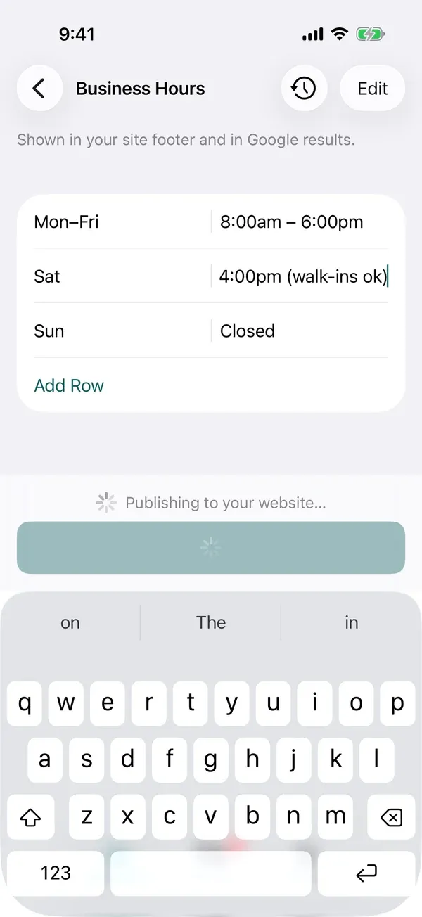 The same Business Hours screen mid-publish, with a live “Publishing to your website…” status.